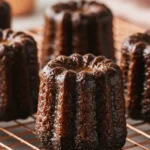 Gros plan sur des Canelés cuits, disposés sur une grille de refroidissement en cuivre. Les cannelés ont une surface caramélisée, avec une texture striée caractéristique.