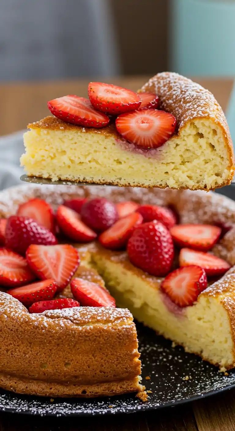 Un gâteau au yaourt sans sucre fait maison, présenté avec des fraises fraîches et saupoudré de sucre glace. Une part est soulevée pour montrer la texture moelleuse du gâteau.