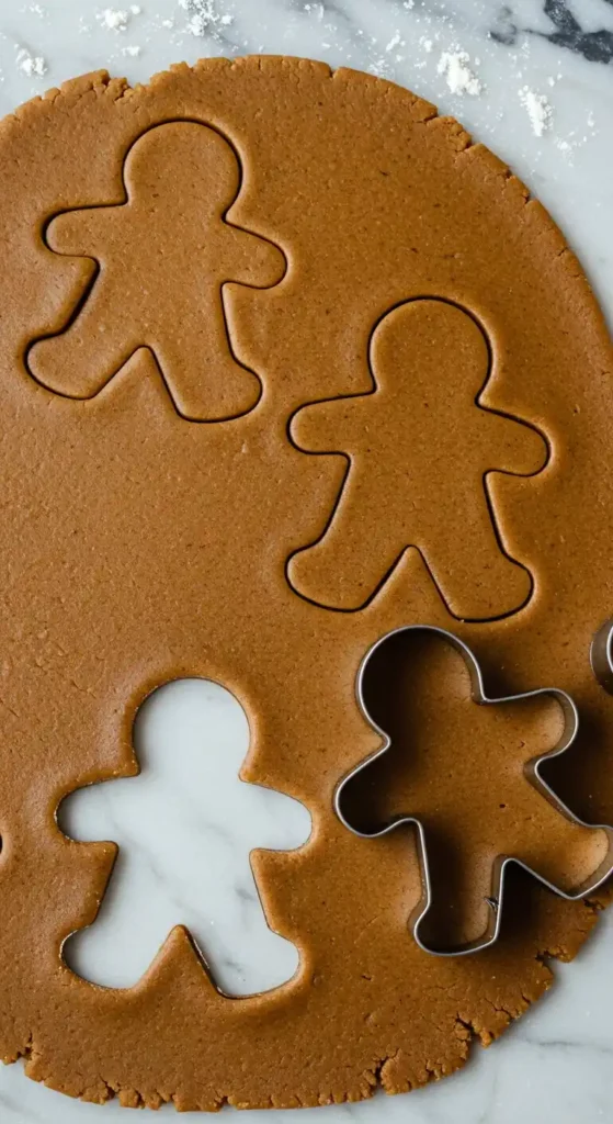 Vue de dessus d'une abaisse de pâte à pain d'épice sur un comptoir en marbre blanc, des formes de bonhommes en pain d'épice y sont découpées à l'emporte-pièce, dont une déjà retirée, montrant l'espace vide de sa forme. Un emporte-pièce en métal de bonhomme en pain d'épice est visible à côté.