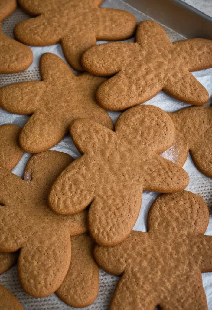 Une vue rapprochée de plusieurs bonhommes en pain d'épice fraîchement cuits, disposés sur une plaque de cuisson recouverte de papier sulfurisé. Les biscuits sont d'une couleur brun doré uniforme et ont une texture légèrement texturée, caractéristiques du pain d'épice. Ils sont encore sans glaçage, attendant d'être décorés.