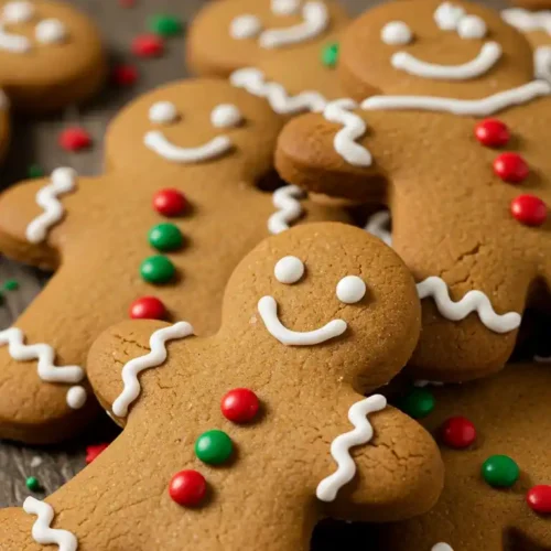 Une vue en angle rapproché d'un groupe de bonhommes en pain d'épice. Ces biscuits, colorés avec des décorations rouges et vertes, sont ornés de glaçage blanc pour les sourires et les motifs. Ils sont éparpillés sur une surface en bois, entourés de petites étoiles de confettis rouge, verte et blanche, le tout créant une scène festive.