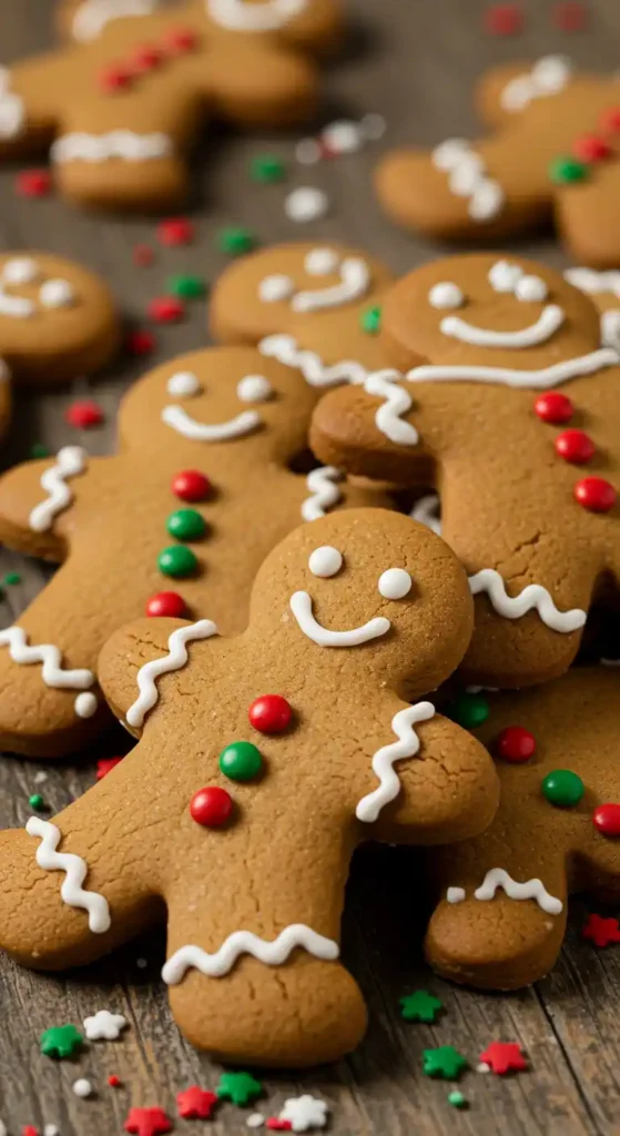 Une vue en angle rapproché d'un groupe de bonhommes en pain d'épice. Ces biscuits, colorés avec des décorations rouges et vertes, sont ornés de glaçage blanc pour les sourires et les motifs. Ils sont éparpillés sur une surface en bois, entourés de petites étoiles de confettis rouge, verte et blanche, le tout créant une scène festive.