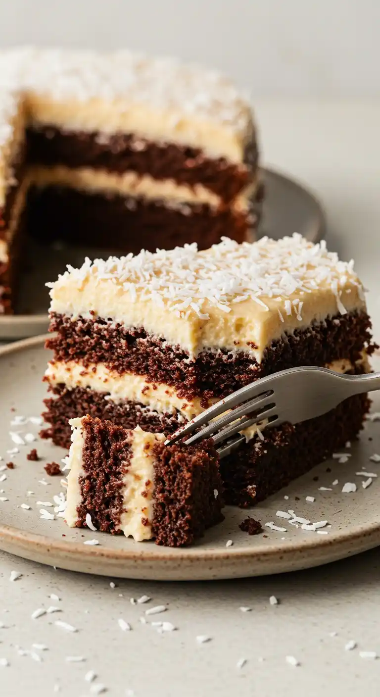 Gros plan d'une tranche de gâteau à la noix de coco et chocolat, avec deux couches de génoise moelleuse au chocolat et deux couches de glaçage crémeux à la noix de coco, le tout saupoudré de noix de coco râpée. On aperçoit un autre gâteau en arrière-plan. Une fourchette est enfoncée dans la tranche au premier plan. Le tout est présenté sur une assiette beige sur une surface claire.