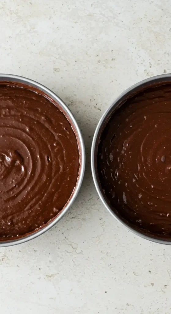 Deux moules à gâteau ronds en métal, remplis de pâte à gâteau à la noix de coco et chocolat, prête à cuire, sont disposés côte à côte sur une surface en pierre mouchetée claire.