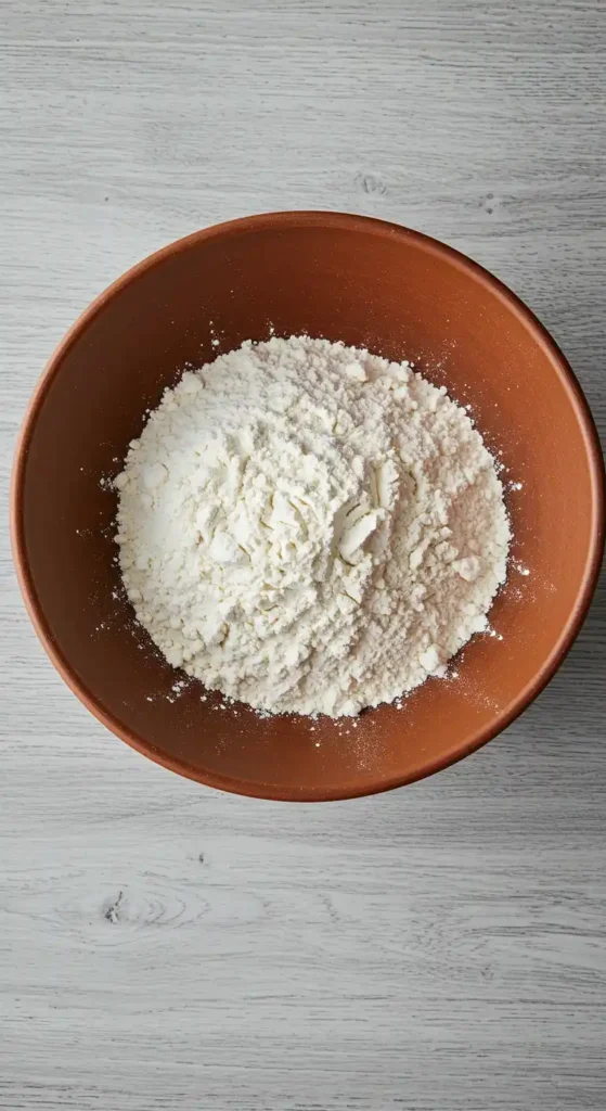 Vue de dessus d'un bol en terre cuite rempli de farine blanche, un ingrédient clé pour préparer un délicieux gâteau aux poires et pommes.