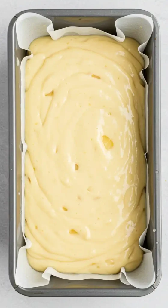 Image d'une vue de dessus d'un moule à pain rectangulaire, doublé de papier sulfurisé, rempli d'une pâte jaune claire avec des morceaux de fruits pour la préparation d'un gâteau aux poires et pommes.