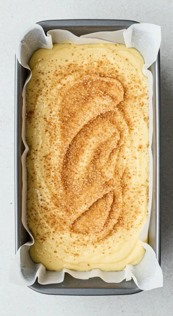 Vue de dessus d'un gâteau aux poires et pommes cru, dans un moule à pain, prêt à être enfourné. La pâte jaune est recouverte d'une spirale généreuse de sucre roux cristallisé, ajoutant une touche de gourmandise avant la cuisson.