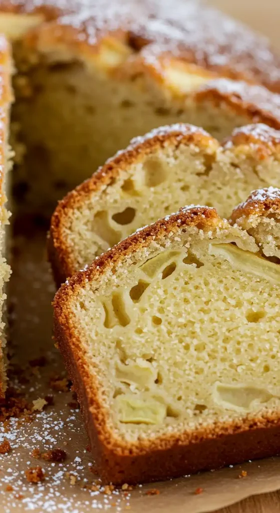 Gros plan d'un gâteau aux poires et pommes fraîchement coupé, montrant les tranches moelleuses avec des morceaux de fruits visibles, saupoudrées de sucre glace. La croûte est dorée et croustillante, créant un contraste appétissant avec l'intérieur tendre.