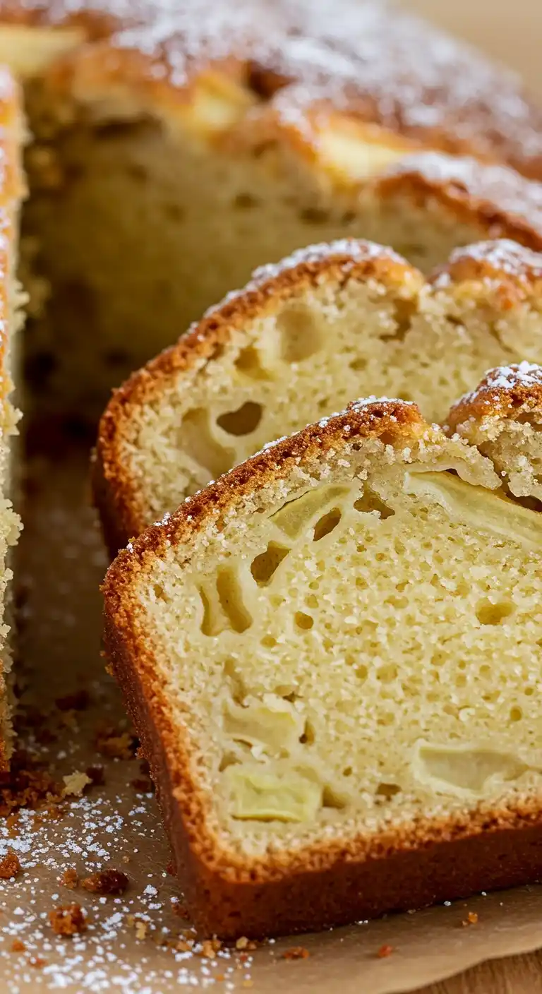Gros plan d'un gâteau aux poires et pommes fraîchement coupé, montrant les tranches moelleuses avec des morceaux de fruits visibles, saupoudrées de sucre glace. La croûte est dorée et croustillante, créant un contraste appétissant avec l'intérieur tendre.