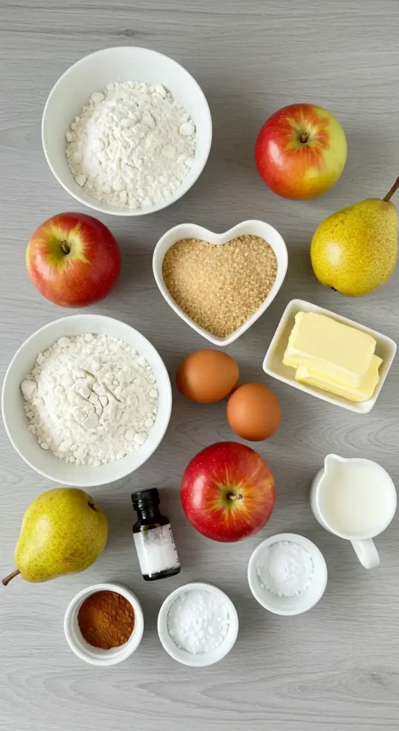Image en vue de dessus présentant les ingrédients nécessaires pour préparer un gâteau aux poires et pommes. On y voit deux bols contenant de la farine, trois pommes rouges, deux poires, un bol en forme de cœur rempli de sucre roux, deux œufs, du beurre coupé en tranches, du lait dans un petit pichet, un flacon d'extrait de vanille, de la cannelle en poudre et du bicarbonate de soude dans des petits ramequins. La disposition de ces ingrédients sur un fond en bois gris suggère la préparation imminente d'une délicieuse pâtisserie maison.