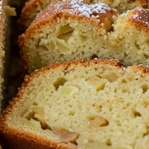 Gros plan d'un gâteau aux poires et pommes tranché, saupoudré de sucre glace. Les morceaux de poires et de pommes sont visibles dans la mie moelleuse. La croûte dorée est bien cuite.