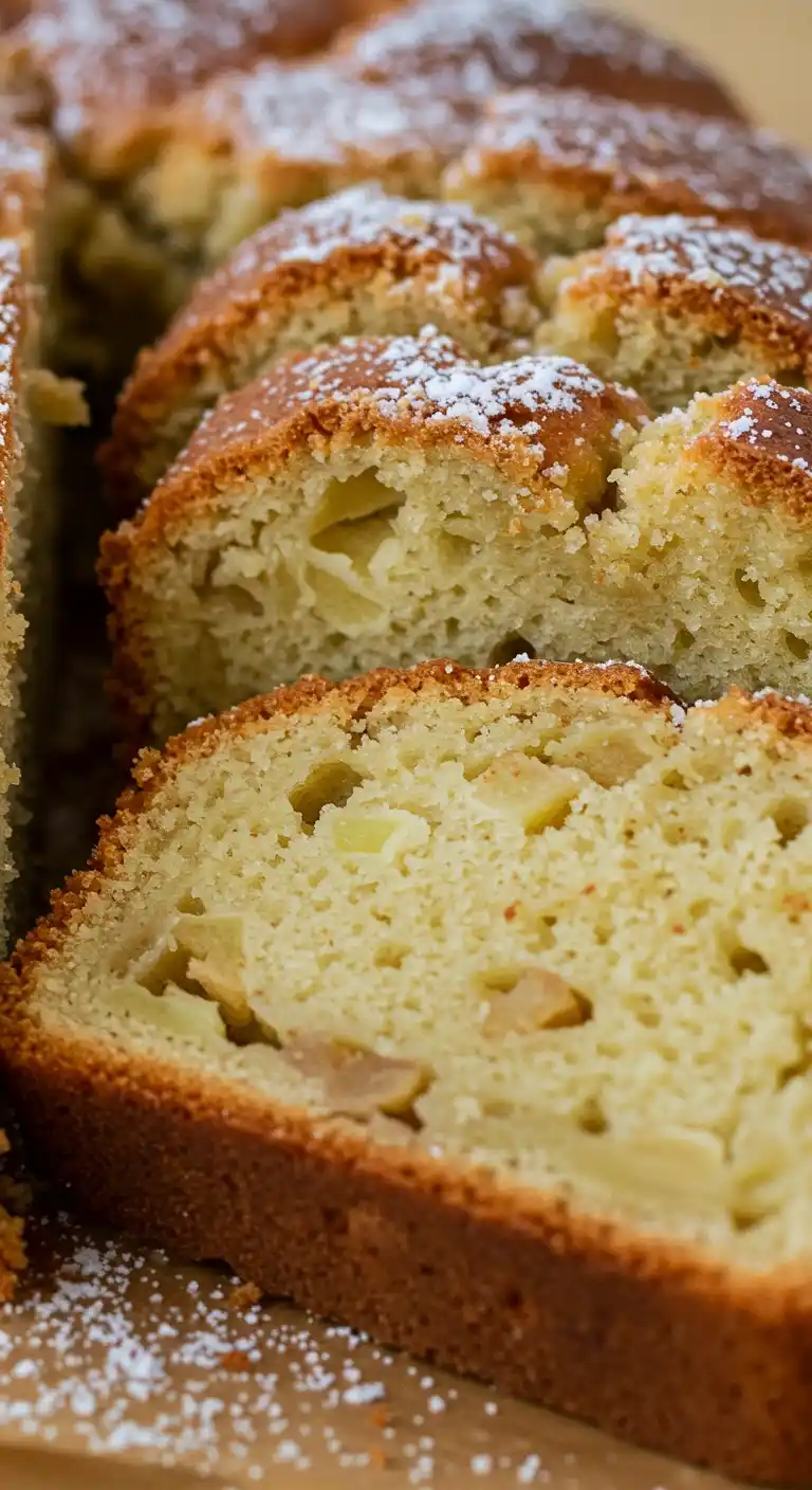 Gros plan d'un gâteau aux poires et pommes tranché, saupoudré de sucre glace. Les morceaux de poires et de pommes sont visibles dans la mie moelleuse. La croûte dorée est bien cuite.