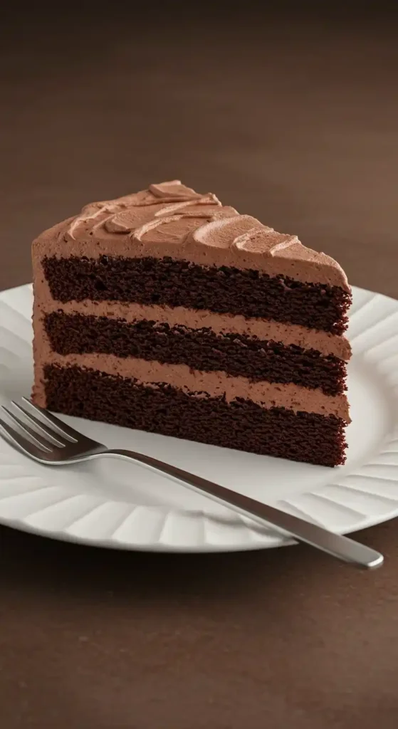 Un délicieux morceau de Gâteau Chocolat Mascarpone, à quatre couches avec un glaçage crémeux au mascarpone, présenté sur une assiette blanche avec une fourchette. La texture du gâteau est moelleuse et le glaçage est légèrement onctueux. L'arrière-plan est d'un brun chaleureux, créant un contraste appétissant.