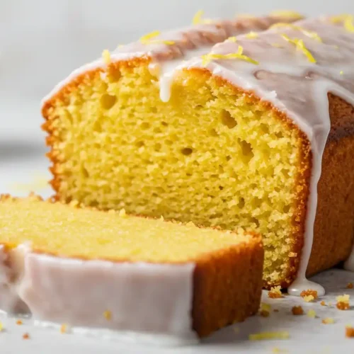Un délicieux gâteau au yaourt et citron avec un glaçage léger et des zestes de citron, parfaitement doré et moelleux.