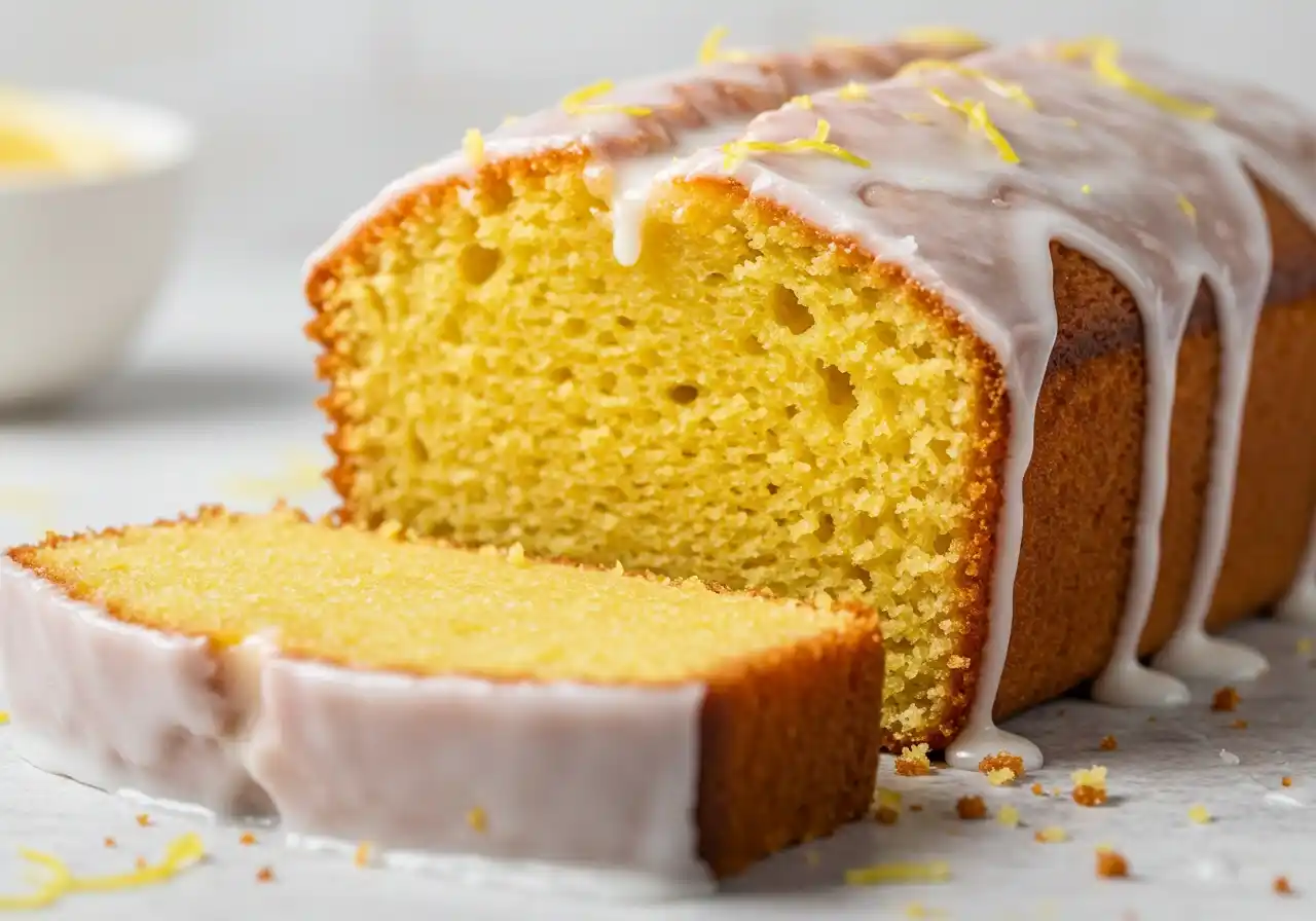 Un délicieux gâteau au yaourt et citron avec un glaçage léger et des zestes de citron, parfaitement doré et moelleux.