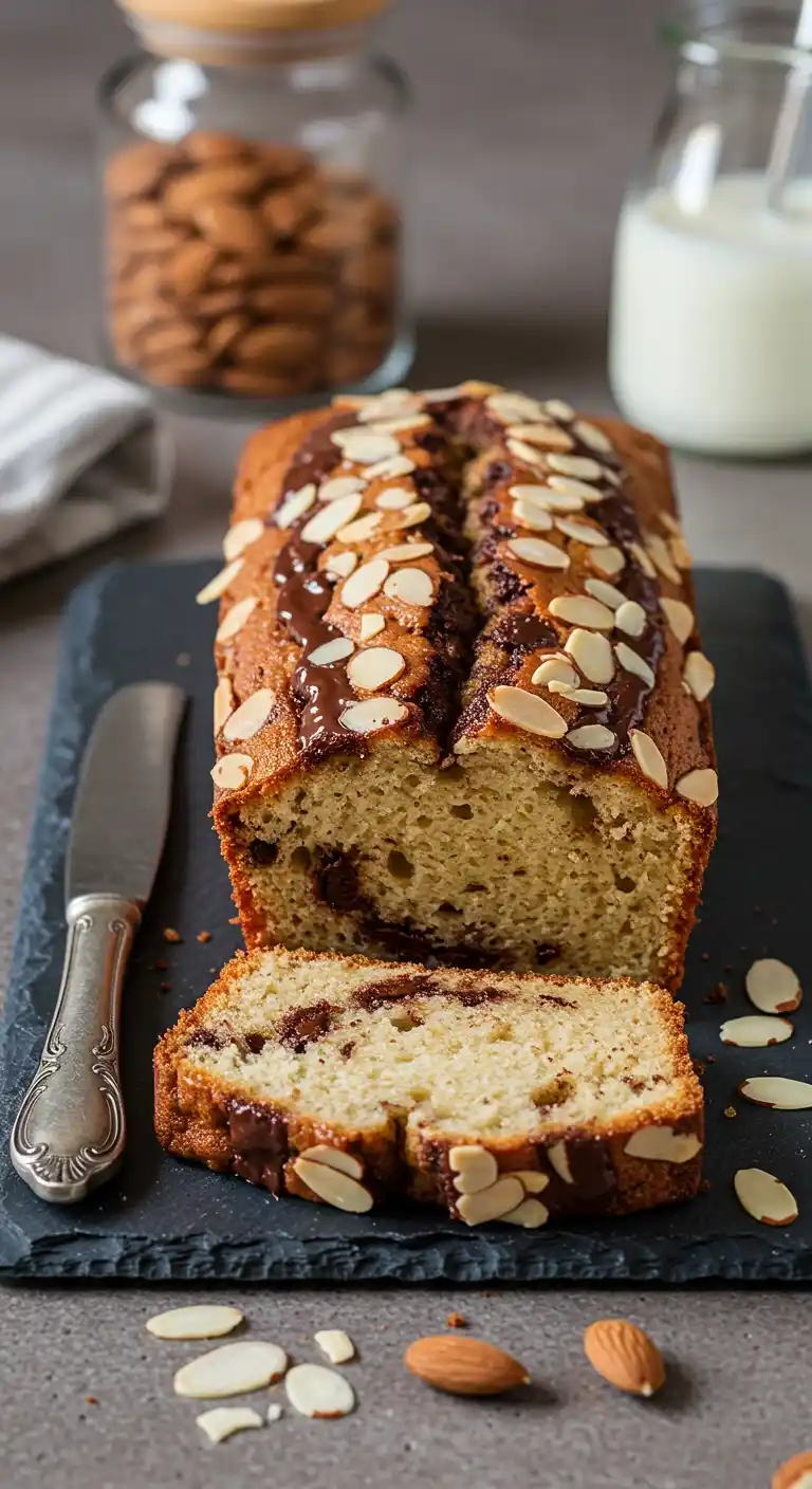 Image en gros plan d'un délicieux gâteau yaourt pépite chocolat, tranché et présenté sur une ardoise. Le gâteau est garni d'une coulée de chocolat fondu et d'amandes effilées. On distingue également un pot en verre rempli d'amandes entières en arrière-plan, ainsi qu'une bouteille de lait. La photo met en valeur la texture moelleuse et les pépites de chocolat du gâteau yaourt, une gourmandise parfaite pour le petit-déjeuner ou le goûter.