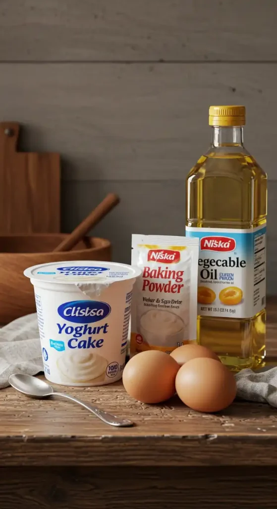 Ingrédients pour un gâteau yaourt pépite chocolat : yaourt nature, levure chimique, œufs et huile végétale, disposés sur une table en bois rustique, avec des ustensiles de cuisine en arrière-plan.