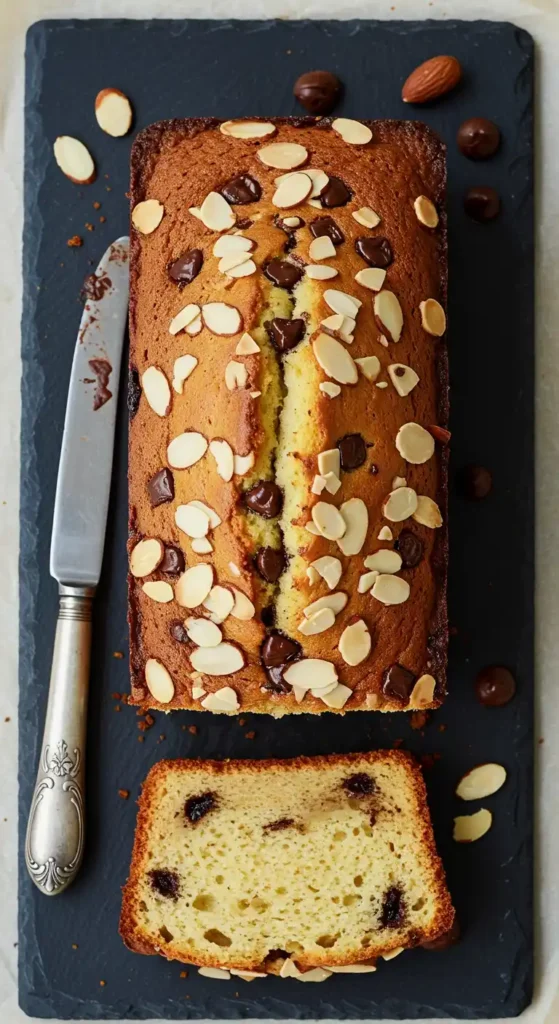 Vue de dessus d'un délicieux gâteau yaourt pépite chocolat, entier et tranché, disposé sur une ardoise noire. Le gâteau est garni d'amandes effilées et de pépites de chocolat. Une tranche, coupée à côté du pain entier, révèle la texture moelleuse du gâteau et ses pépites de chocolat réparties à l'intérieur. Un couteau en argent est placé sur la gauche de la scène. Quelques amandes et pépites de chocolat supplémentaires sont éparpillées sur l'ardoise.