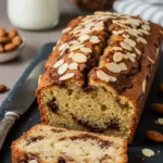 Vue de dessus rapprochée d'un gâteau yaourt pepite chocolat tranché, déposé sur une ardoise noire, décoré d'amandes effilées, avec un pot de lait, un bocal d'amandes et une coupelle d'amandes en arrière-plan.