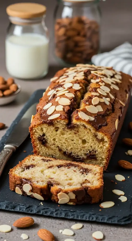 Vue de dessus rapprochée d'un gâteau yaourt pepite chocolat tranché, déposé sur une ardoise noire, décoré d'amandes effilées, avec un pot de lait, un bocal d'amandes et une coupelle d'amandes en arrière-plan.