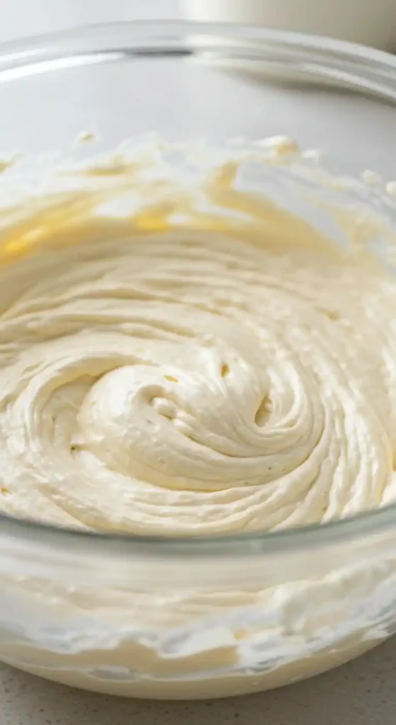 Gros plan d'une pâte à gâteau sans gluten crémeuse et lisse, en train de tournoyer dans un saladier en verre transparent. La texture est uniforme, avec un aspect brillant.
