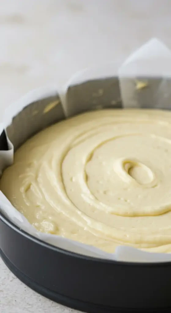  La pâte à gâteau sans gluten, crémeuse et claire, est versée de manière uniforme dans un moule à gâteau rond préalablement recouvert de papier sulfurisé. La pâte présente un motif tourbillonnant.