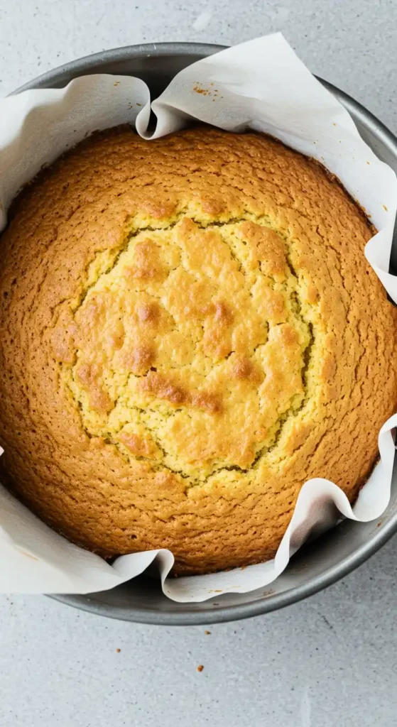 Vue de dessus d'un gâteau yaourt sans gluten fraîchement cuit, dans son moule, avec une croûte dorée et une texture légèrement bosselée au centre. Il est entouré de papier sulfurisé.