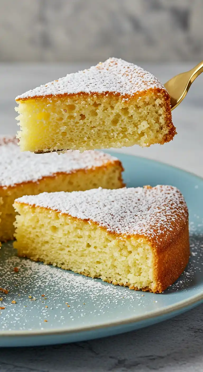 Tranches de gâteau yaourt sans gluten moelleux saupoudrées de sucre glace, présentées sur une assiette bleu clair. Une tranche est soulevée par une spatule dorée.
