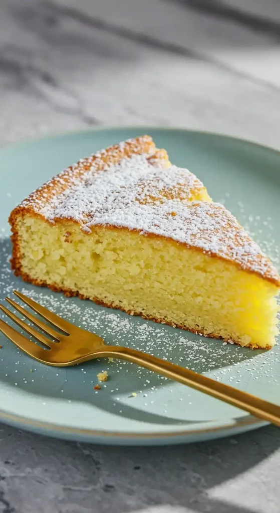 Tranche d'un délicieux gateau yaourt sans gluten, saupoudré de sucre glace, posée sur une assiette bleu clair avec une fourchette dorée à côté.