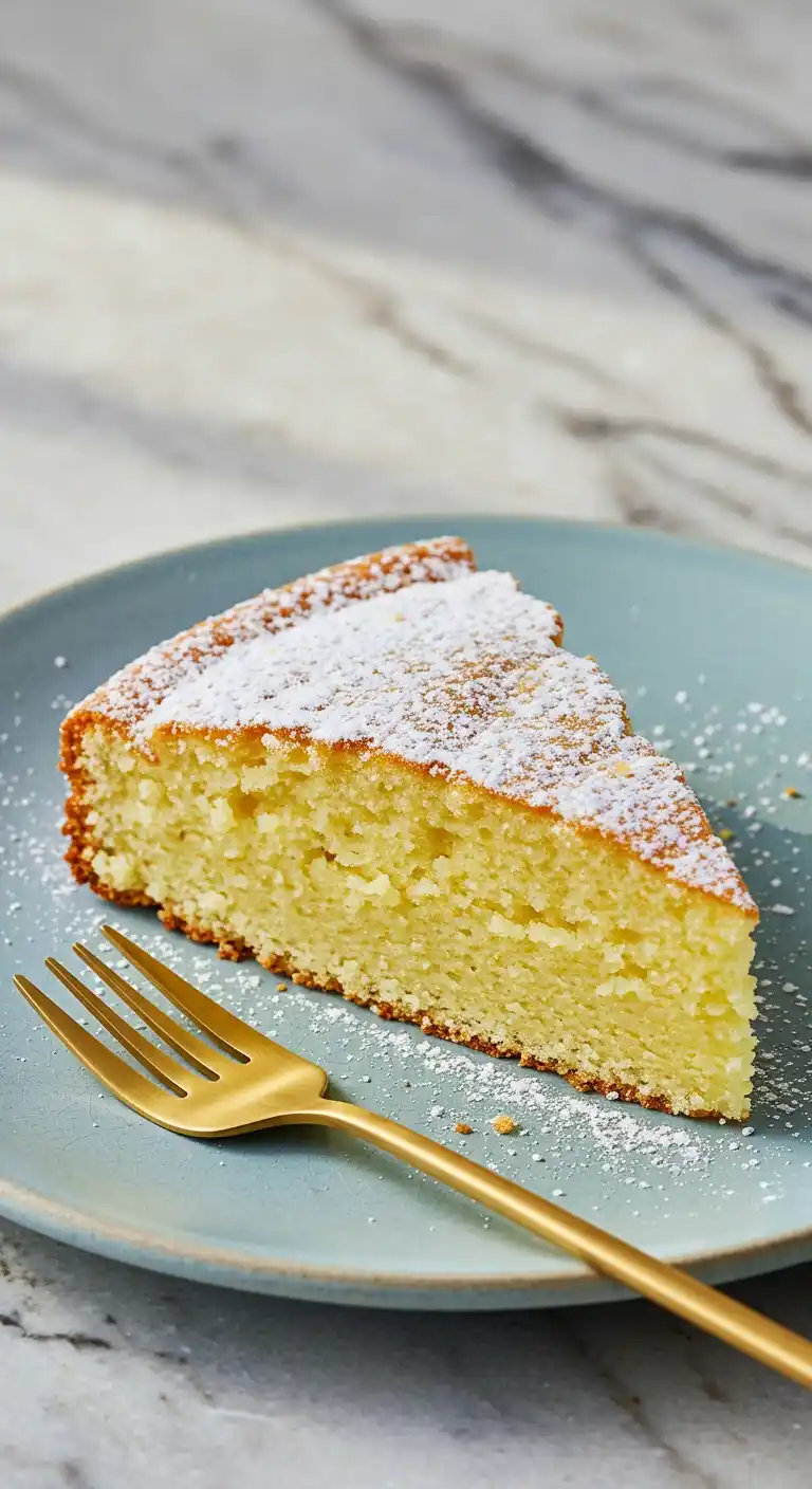 Une tranche de gâteau yaourt sans gluten, saupoudrée de sucre glace, est présentée sur une assiette bleu clair avec une fourchette dorée à côté. La tranche de gâteau a une texture moelleuse et une couleur dorée.