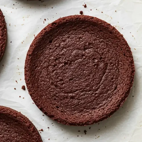 Vue de dessus de trois disques de génoise chocolat cuits, disposés sur du papier sulfurisé blanc. On observe la texture aérée et moelleuse de la génoise, prête à être garnie.