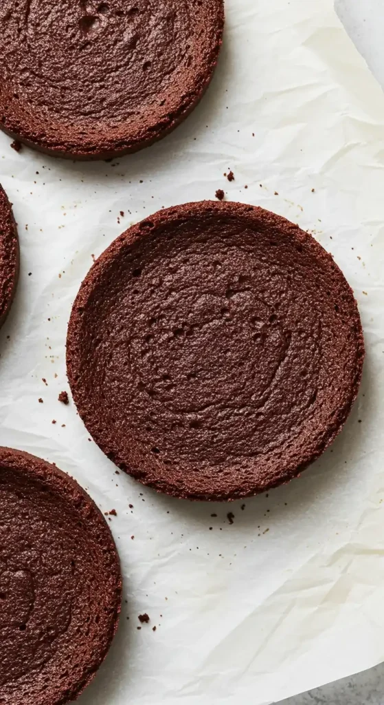 Vue de dessus de trois disques de génoise chocolat cuits, disposés sur du papier sulfurisé blanc. On observe la texture aérée et moelleuse de la génoise, prête à être garnie.