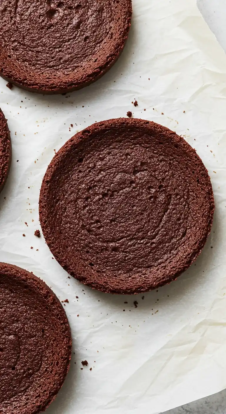 Vue de dessus de trois disques de génoise chocolat cuits, disposés sur du papier sulfurisé blanc. On observe la texture aérée et moelleuse de la génoise, prête à être garnie.