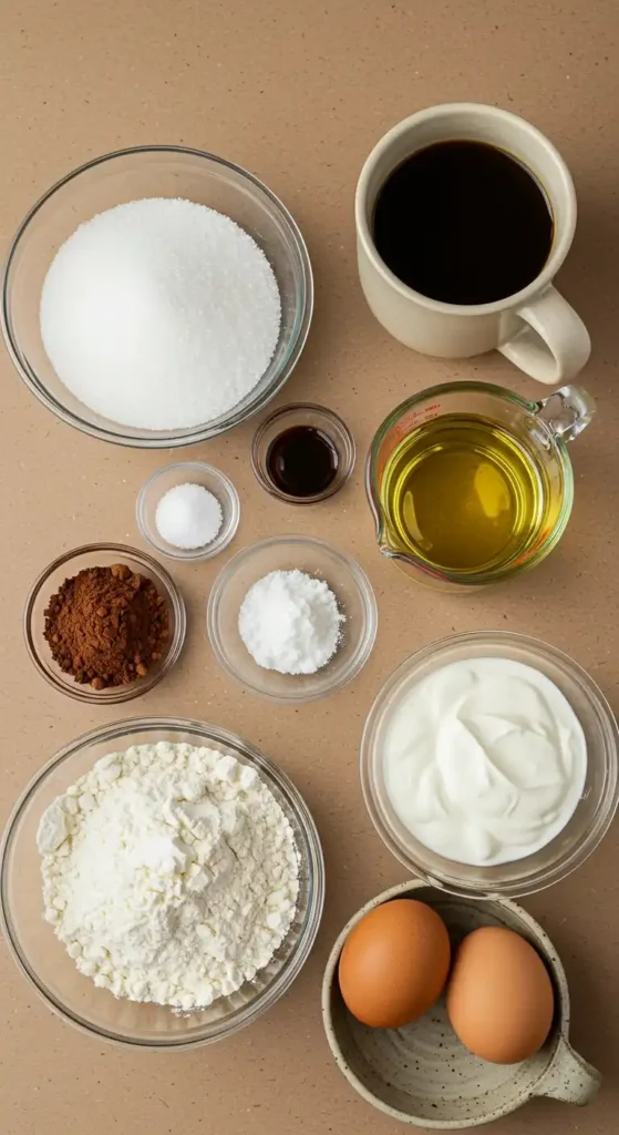 Vue de dessus des ingrédients disposés sur un plan de travail beige pour préparer un Gâteau Chocolat Mascarpone. On voit du sucre blanc dans un bol, du café noir dans une tasse, de l'extrait de vanille, de l'huile dans un verre gradué, du sel, du cacao en poudre, de la levure chimique, de la farine dans un bol, du mascarpone, et deux oeufs dans un petit bol.