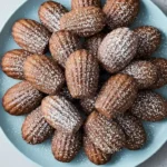 Vue de dessus d'une assiette bleue élégante, généreusement remplie de madeleines au chocolat saupoudrées de sucre glace, avec un fond gris clair.