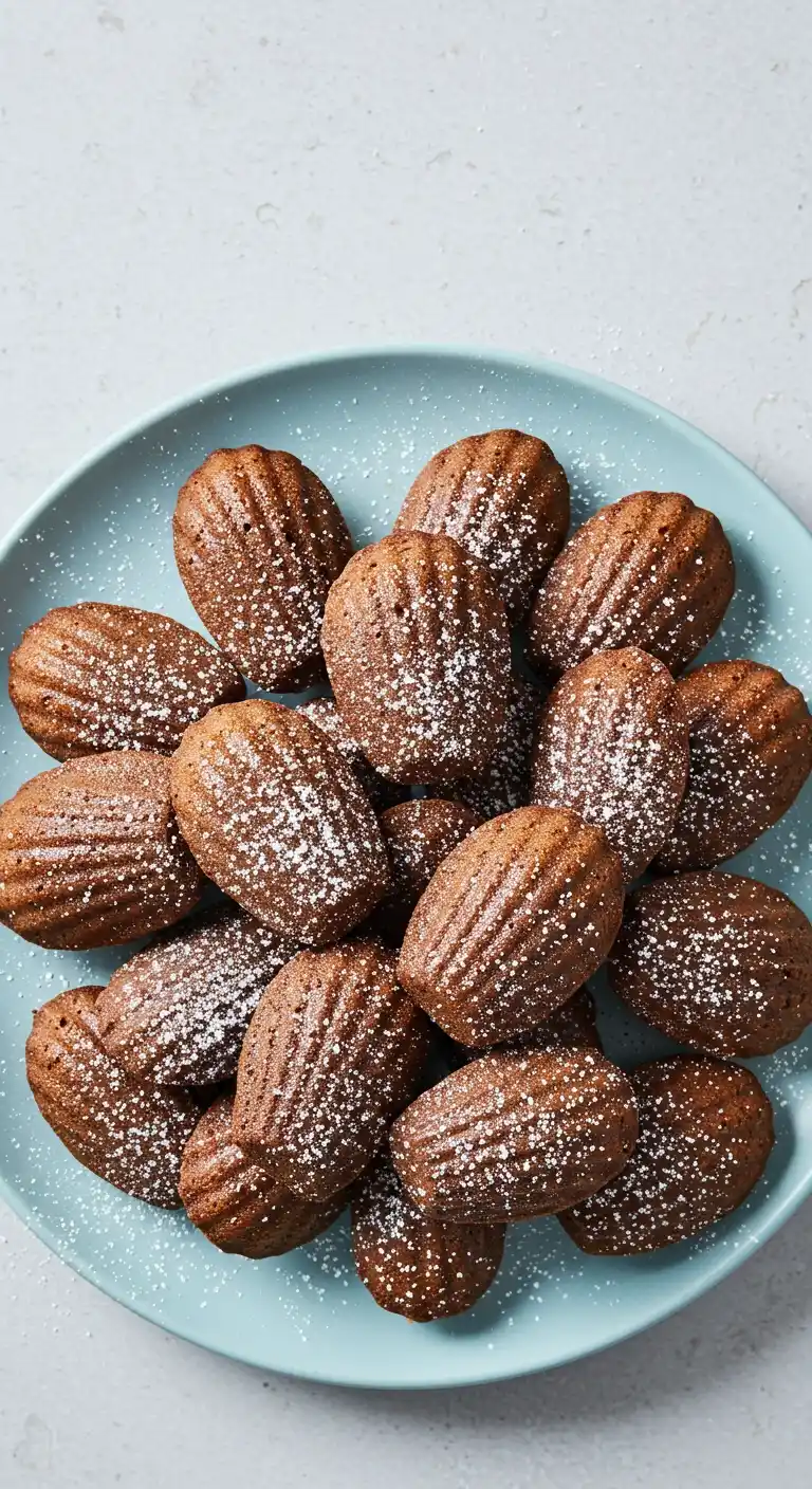 Vue de dessus d'une assiette bleue remplie de délicieuses madeleines au chocolat, saupoudrées de sucre glace, prêtes à être dégustées.