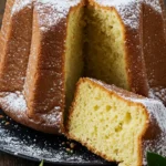 Un pandora traditionnel, saupoudré de sucre glace, est présenté sur une assiette noire, avec une part coupée montrant sa mie aérée et jaune. Le tout est posé sur une table en bois rustique, avec une branche de houx décorative et quelques baies rouges, pour une ambiance festive.