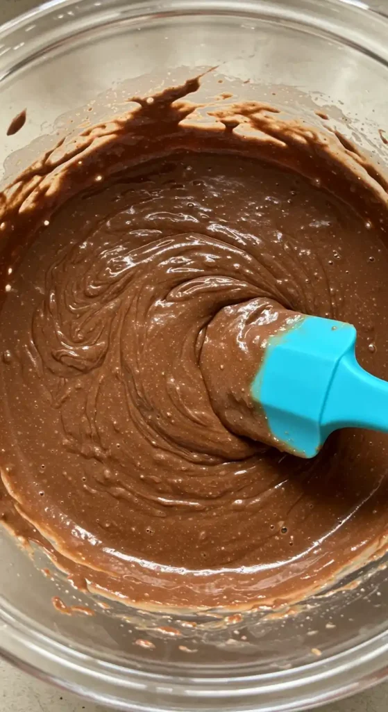 Préparation onctueuse de Gâteau Chocolat Mascarpone dans un bol en verre, mélangée avec une spatule bleue.
