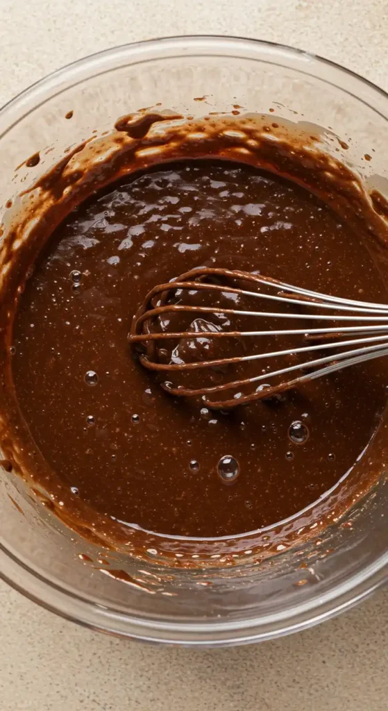 Préparation chocolatée pour un Gâteau Chocolat Mascarpone, dans un bol avec un fouet.