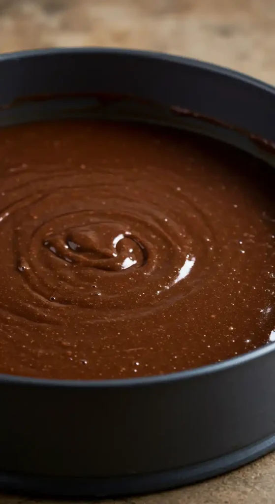 Vue de dessus d'une préparation de gâteau chocolat mascarpone, versée dans un moule à gâteau rond. La pâte est lisse, brillante et uniforme, avec des tourbillons au centre. Le moule est de couleur foncée.
