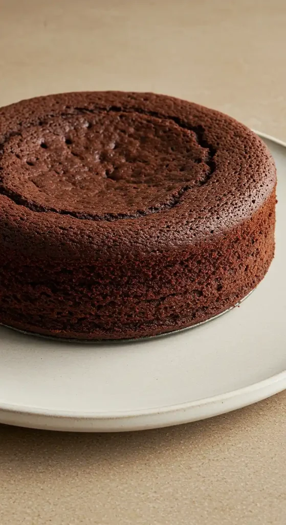 Gros plan d'un gâteau chocolat mascarpone rond, fraîchement cuit et reposant sur une assiette en céramique claire. La surface du gâteau présente une texture légèrement spongieuse avec une indentation au centre, caractéristique d'un gâteau au chocolat. La couleur est d'un brun foncé et riche. L'ensemble de la scène est sur un fond neutre de couleur crème.