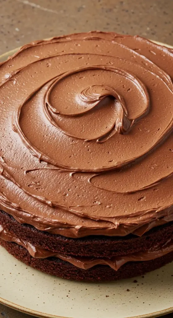 Un gros plan appétissant d'un délicieux gâteau chocolat mascarpone, avec son glaçage au chocolat riche et crémeux étalé en spirale sur le dessus. Le gâteau est à deux étages avec de la crème au chocolat entre chaque couche.