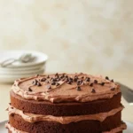 Un délicieux gâteau chocolat mascarpone à trois étages, généreusement nappé d'une crème au chocolat onctueuse et parsemé de pépites de chocolat noir. Il est présenté sur une assiette blanche, avec des assiettes et des couverts en arrière-plan, le tout sur une table couleur crème.