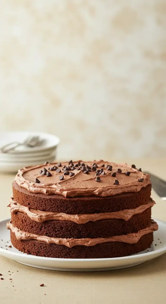 Un délicieux gâteau chocolat mascarpone à trois étages, généreusement nappé d'une crème au chocolat onctueuse et parsemé de pépites de chocolat noir. Il est présenté sur une assiette blanche, avec des assiettes et des couverts en arrière-plan, le tout sur une table couleur crème.