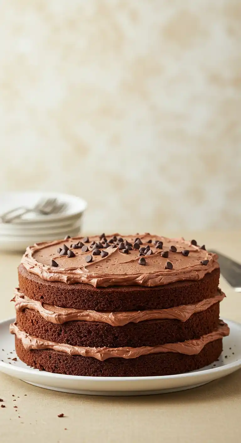 Un délicieux gâteau chocolat mascarpone à trois étages, généreusement nappé d'une crème au chocolat onctueuse et parsemé de pépites de chocolat noir. Il est présenté sur une assiette blanche, avec des assiettes et des couverts en arrière-plan, le tout sur une table couleur crème.