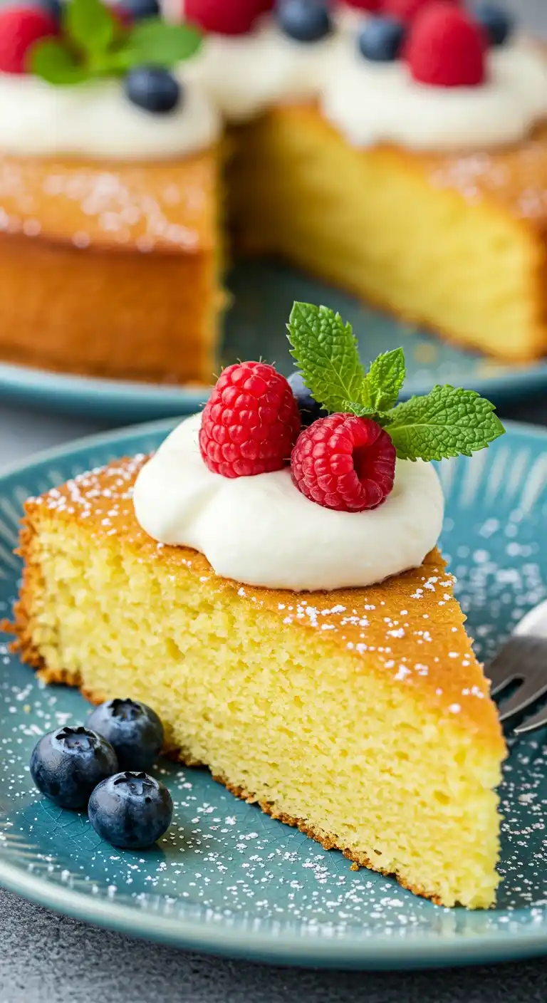 Un appétissant Gâteau Vanille Yaourt, décoré de crème fouettée, de framboises fraîches et de myrtilles, est présenté sur une assiette bleue, saupoudré de sucre glace et agrémenté d'une feuille de menthe. Une part a été coupée, révélant une texture moelleuse.