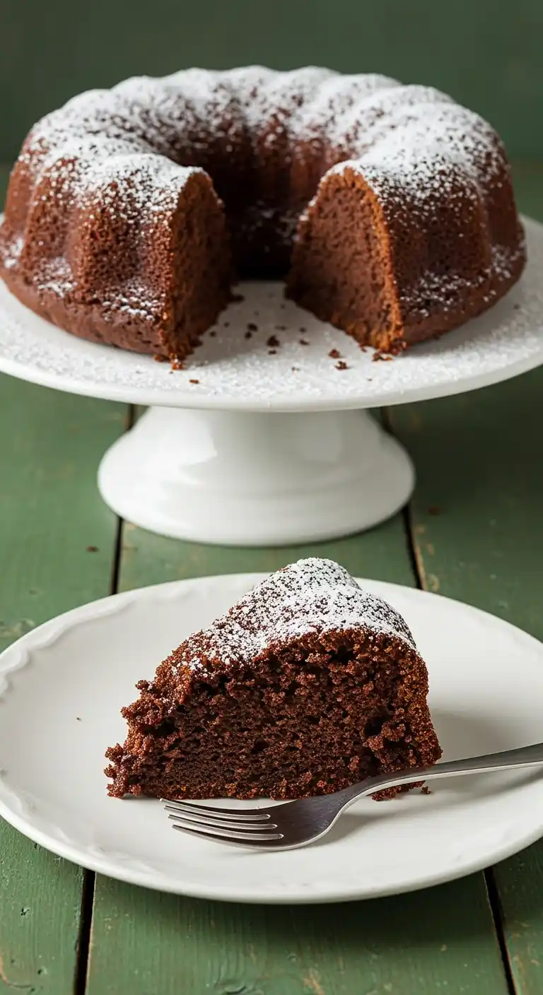 Sur une table en bois verte, une part de Gâteau Yaourt Cacao saupoudrée de sucre glace repose sur une assiette blanche, accompagnée d'une fourchette. En arrière-plan, le reste du gâteau est présenté sur un présentoir à pied, également saupoudré de sucre glace, avec une part manquante.