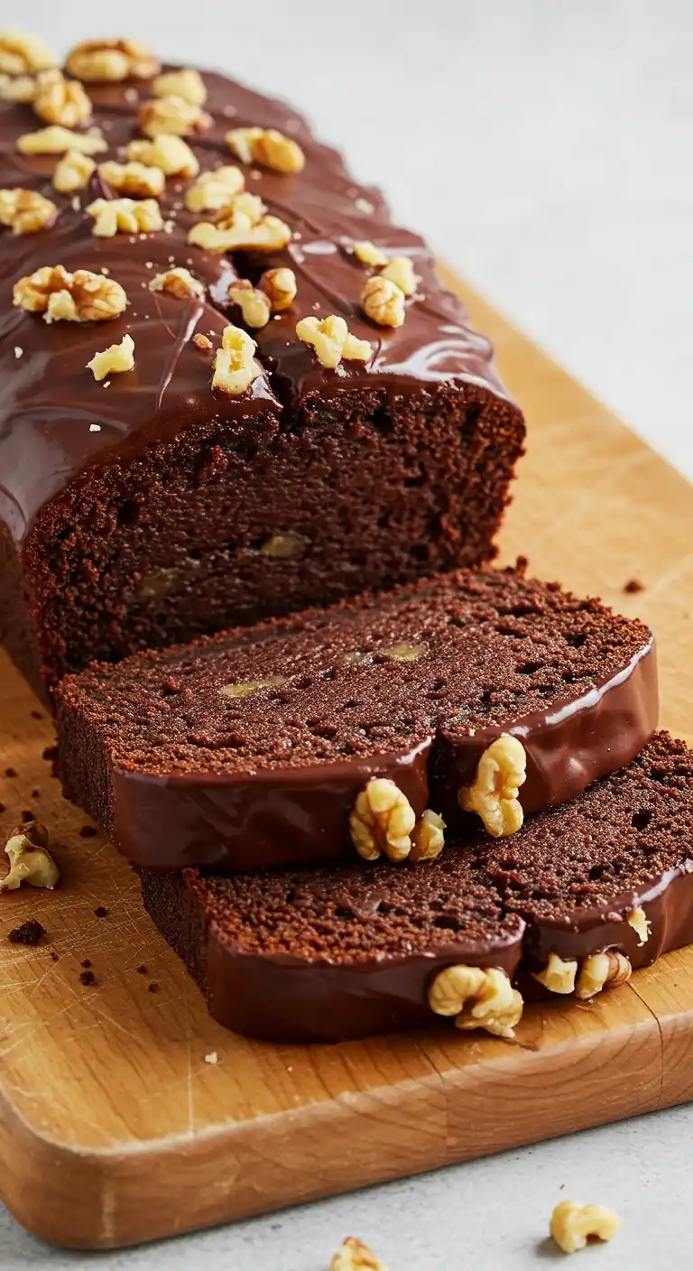 Un pain de gâteau aux bananes et chocolat tranché, décoré d'un glaçage au chocolat et de noix concassées, sur une planche à découper.