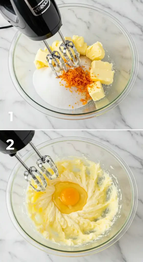 Préparation de la pâte à gâteau à l'orange : beurre, sucre, zeste d'orange battus au fouet, puis ajout d'un œuf.