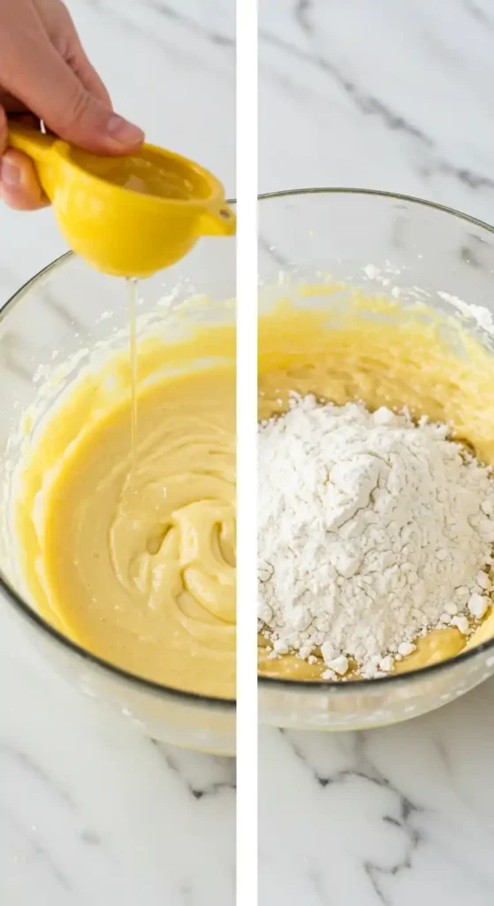  Voici une étape cruciale dans la préparation de notre délicieux gâteau à l'orange : l'ajout du jus d'orange fraîchement pressé et de la farine, qui donneront à la pâte sa texture parfaite.